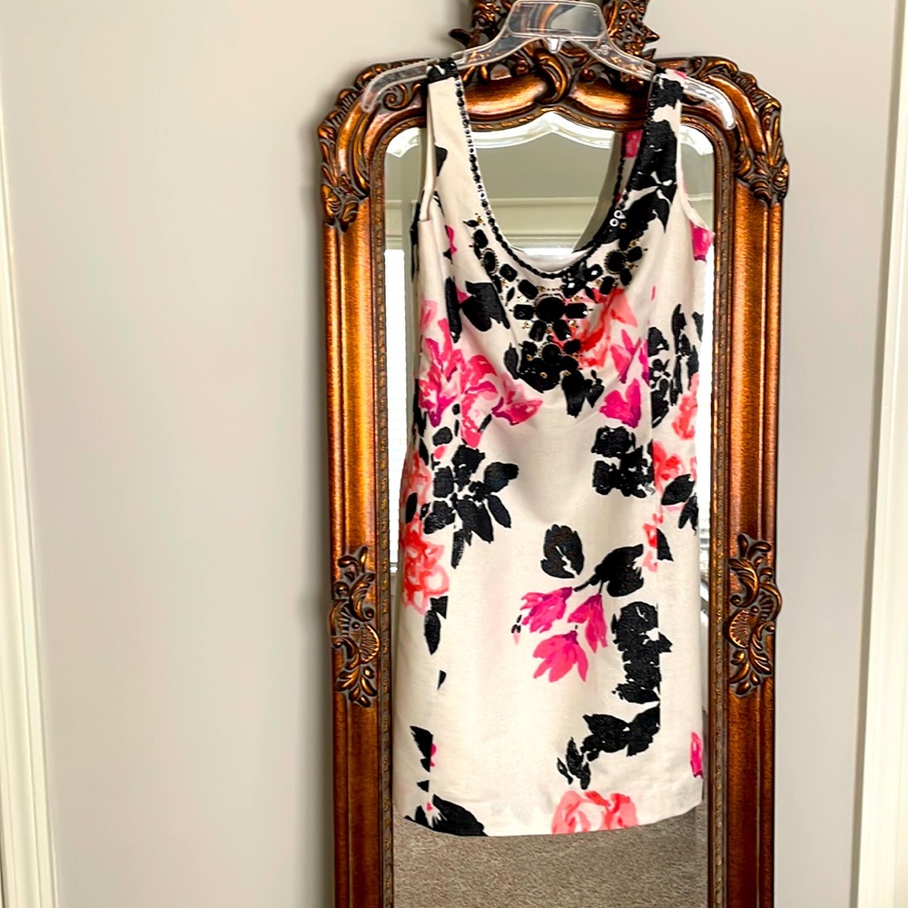 Lilly Pulitzer White Floral Slip Dress with Pink and Black Accents